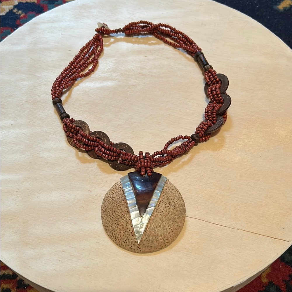 Handcrafted Beaded Necklace with Coconut and Abalone  Accents